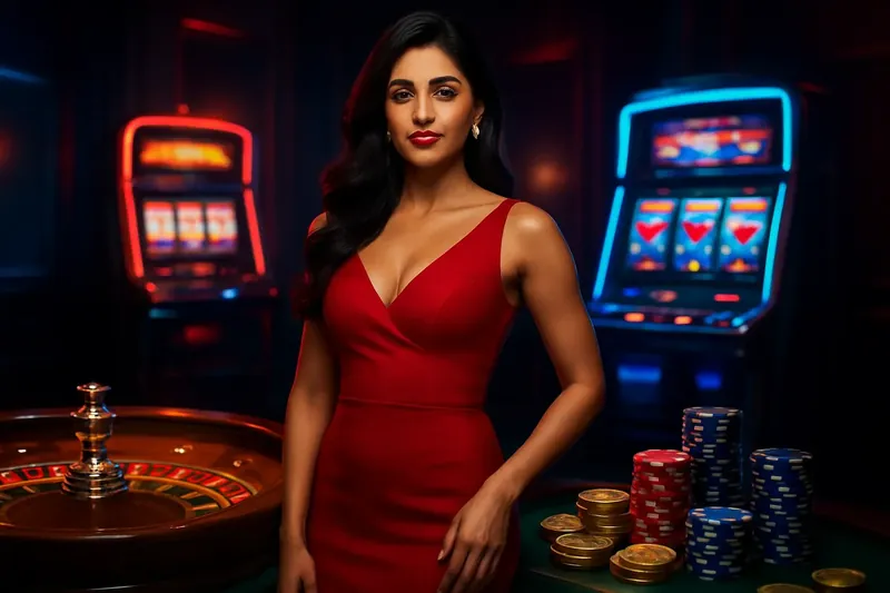 Beautiful woman in red dress standing near roulette and slot machines with gold coins and poker chips in a luxury Bangladeshi casino atmosphere