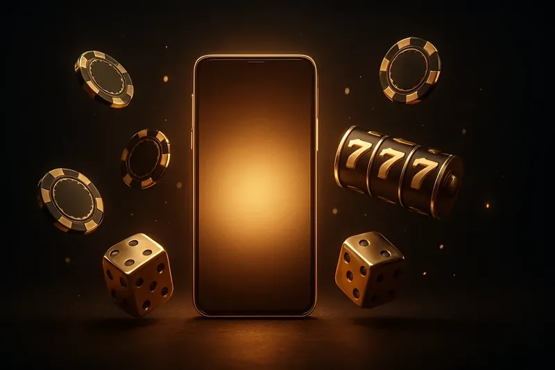 Glowing smartphone surrounded by casino chips, slot reels, and dice on dark gold background